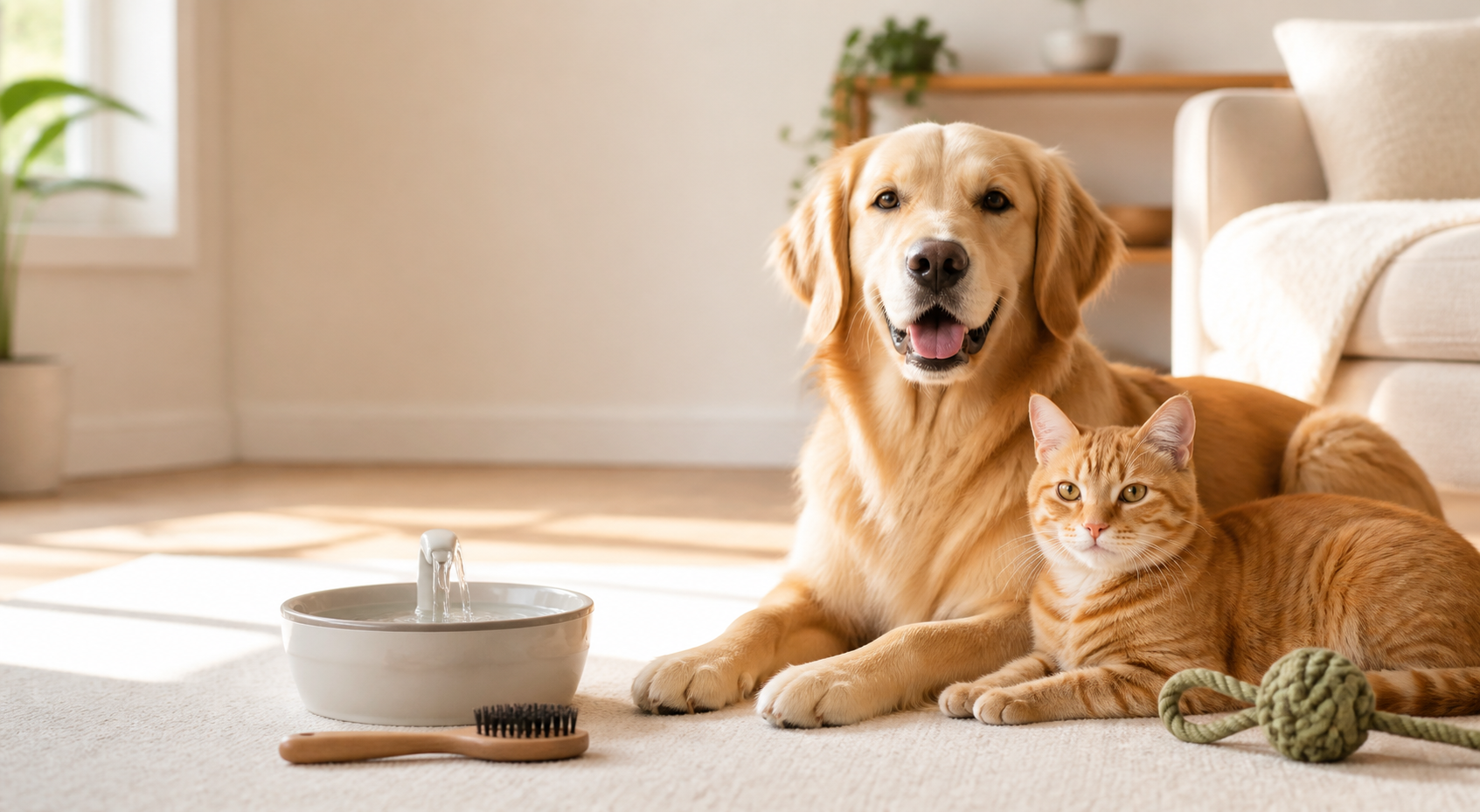 A dog and cat with everyday pet care essentials in a warm home